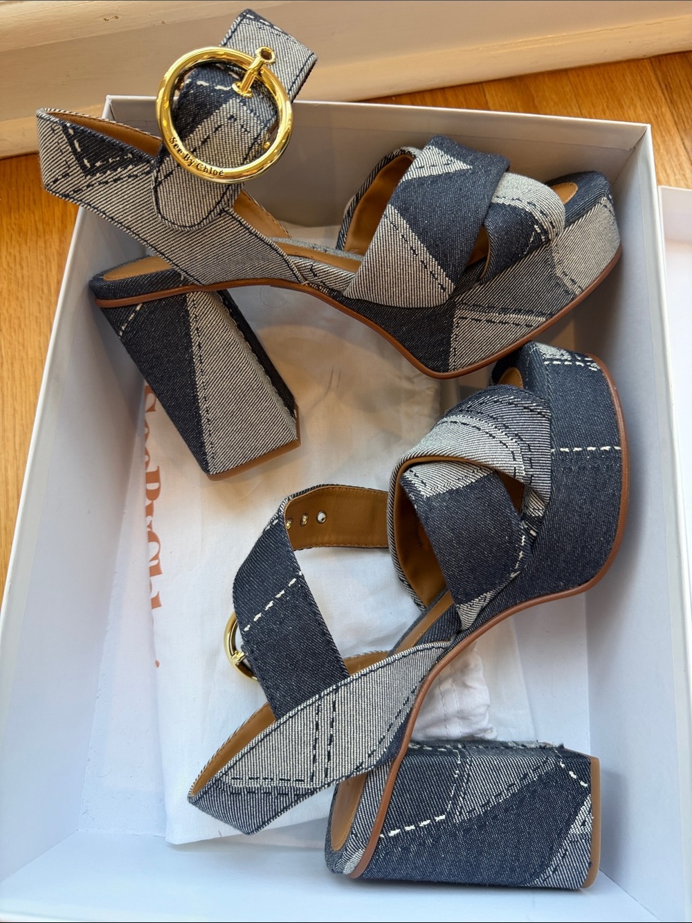 See by Chloe Platform Block Heel Sandals in Blue Denim